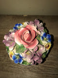 a** Vintage Italy Ceramic Handpainted Round Lidded Trinket Keepsake Box w/ Sculpted Flowers Woven Affect