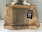 New JUSTFAB Large Satchel Shoulder Bag Tan Faux Leather Snake Skin Look Gold Accents NWT