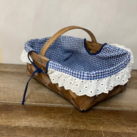 ~¥ Rectangle Rattan Woven Gathering LINER Basket w/ Handle Blue Gingham Easter