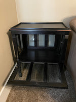 ~ Distressed Black Accent Table Liquor Cabinet Rectangular with Pull Down Glass Door w/ Storage