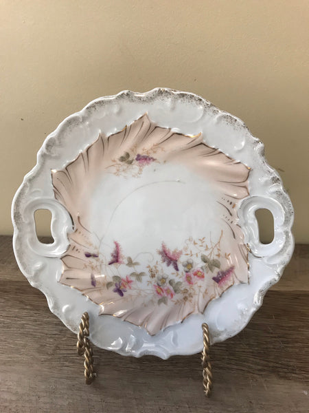 €€ Vintage China 9.5” Round Serving Plate Porcelain Peach Gold Purple Retired