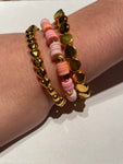 *New Beaded Stretchy Clay Bead Set/3 Bracelets Handmade Kids Teens Pink and Gold