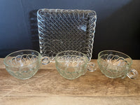 a** Vintage Clear Square Pressed Glass Hostess Luncheon Plates & Cups 6 Plates/3 Cups