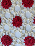 <€€ Vintage Hand Crochet 15” Round White Doily Red Flowers Open Pattern