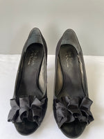Womens By The Touch Black Satin Peep Toe High Heel Pumps Size 7.5M 3.5” Heel