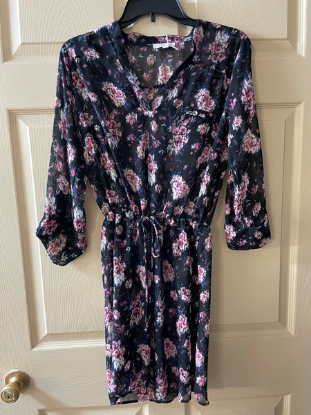 Womens Juniors Medium DELIA’S Black Floral Hi-Low Dress Rollup Sleeve