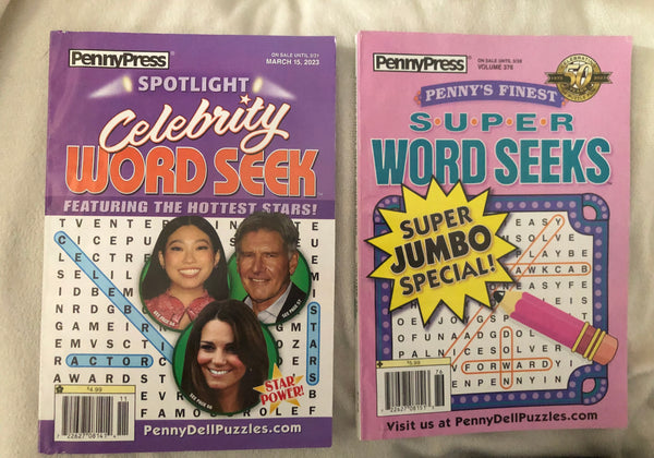 NEW Set/2 PennyPress Word Seeks Puzzle Books March 2023 Celebrity & Super Jumbo