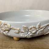 <€€ Vintage Wood Primitive Bowl Feet Painted Gray w/ Gold Distressed Flower Molds