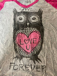 Womens Juniors STRANDED Owl Luv U Forever Pink Gray Sleeve Jersey TShirt Small Cotton