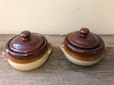 *Vintage Pair Set/2 Glaze Pottery 3” Brown & Tan Lidded Bean Soup Pots Microwave Safe