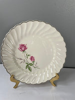 Vintage Pair Set/2 White 6.35” Bread Dessert Plate & Saucer White w/ Pink Roses Silver Rim