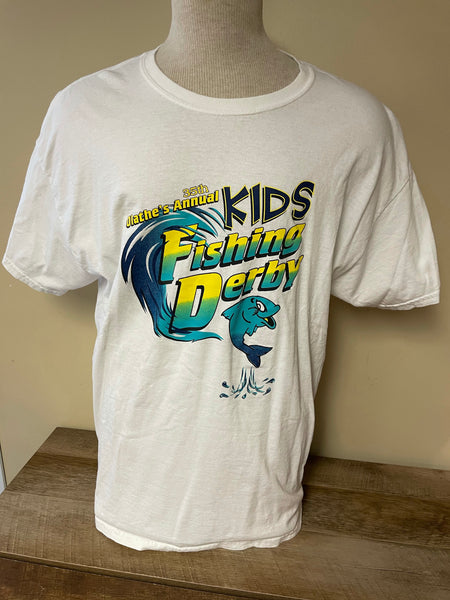 *Mens XLarge 35th KIDS FISHING DERBY Tshirt White Short Sleeve Olathe KS Sponsorships