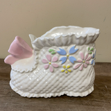 a* Vintage Ceramic PLANTER Pink Bow Baby Bootie Nursery