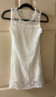 Womens Juniors Small Sleeveless White Lace Overlay Dress Pompoms