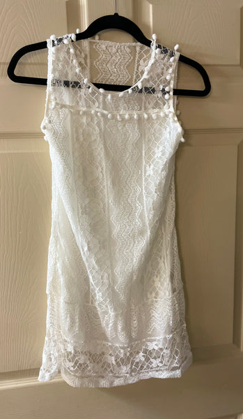 Womens Juniors Small Sleeveless White Lace Overlay Dress Pompoms