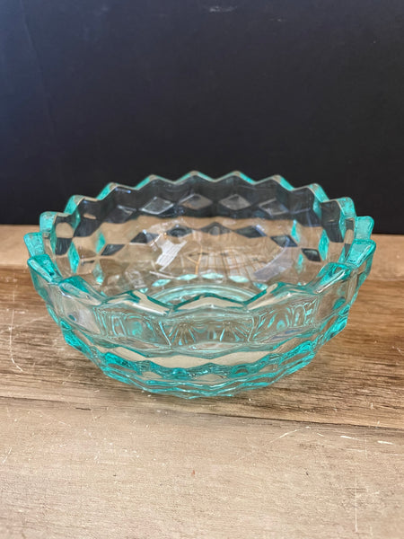 a** Vintage Blue or Green Depression Cut Glass Bowl Candy Dish