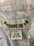 €* Mens PARADISE COVES Silk BLue Beige Floral Hawaiian Print Camp Large Pocket