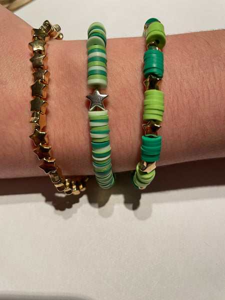 *New Beaded Stretchy Clay Bead Set/3 Bracelets Handmade Kids Teens Greens and Gold