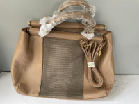 New JUSTFAB Large Satchel Shoulder Bag Tan Faux Leather Snake Skin Look Gold Accents NWT