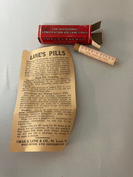 a** Vintage LANE’s Laxative Purgative Pills Red Box Plastic Container w/ Cork Manual Advertising