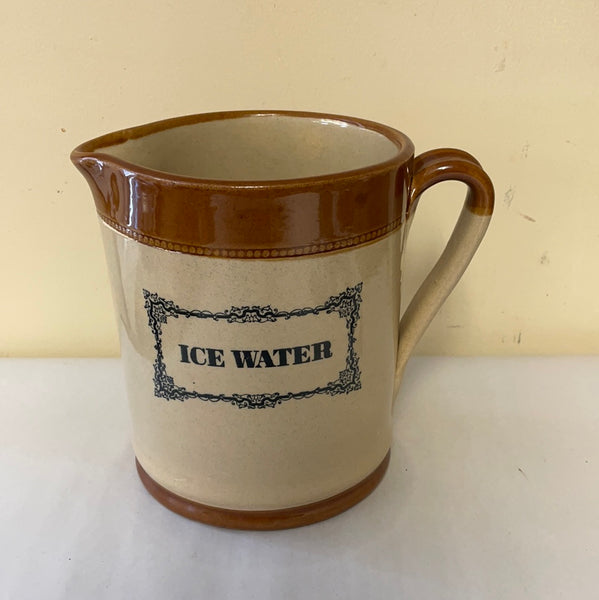 *Vintage English 7.5” Stoneware Pitcher Pottery “ICE WATER” Brown Country Farm