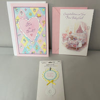 €€ New Lot/2 Baby Girl Congratulations Greeting Cards w/ Envelopes w/ Gift Trim