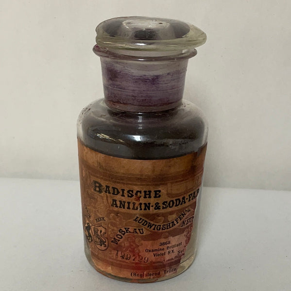 a** Vintage Badische Anilin & Soda Fabrik Oxamine Violet Lidded Glass Jar Germany