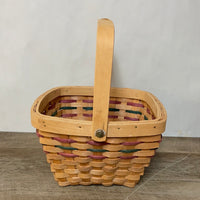 <€€ Shaker Square Medium Wood Woven Gathering Basket w/ Swivel Handle Green/Red Easter