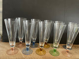 a** Set of 10 Crystal Glass Pedestal Barware 9” Flutes Glasses Goblets Pink Blue Green Gold Bases