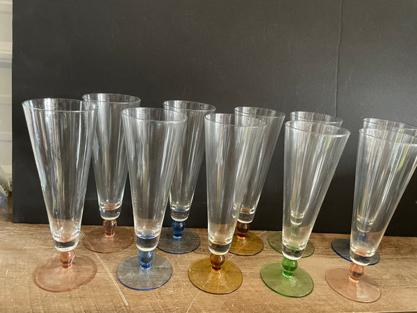 Set of 10 Crystal Glass Pedestal Barware 9” Flutes Glasses Goblets Pink Blue Green Gold Bases
