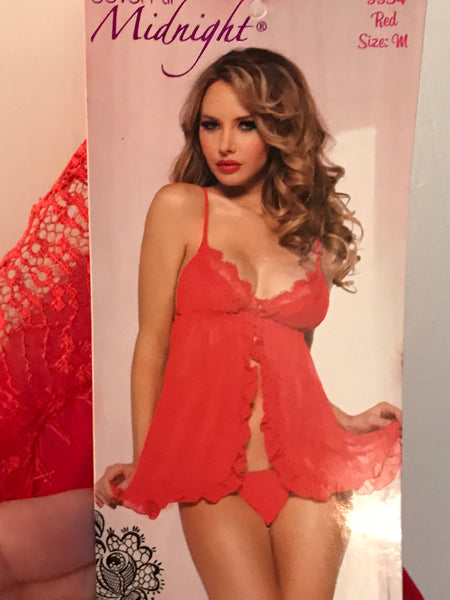 Womens Medium Seven ‘Til Midnight 2pc Babydoll Chemise & Thong Red Chiffon Lace NWT