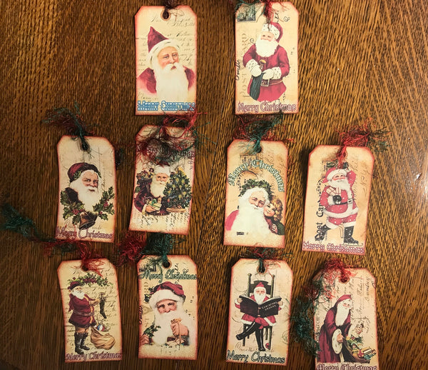 <€€ New Vintage Saint Nicholas Nick Santa Christmas Holiday Hanging Gift Tag Embossed Paper Ornament Lot of 10