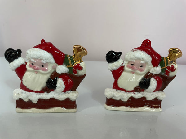 <€€ Pair/Set of 2 Vintage Whimsical Ceramic Ornaments Santa Gold Gilt Tabletop