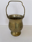 Vintage Etched Brass Planter Pot Vase w/ Hinged Handle Bucket Pail