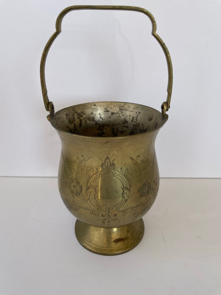 Vintage Etched Brass Planter Pot Vase w/ Hinged Handle Bucket Pail