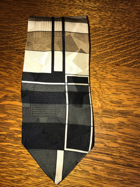 Mens SCREENPLAY by Martin Wong American Made Imported Silk Geometric Black Ivory Brown Neckware Tie Necktie