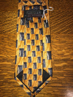 Mens J.Z. RICHARDS Parisian American Made Silk Blue Geometric on Gold Neckware Tie Necktie