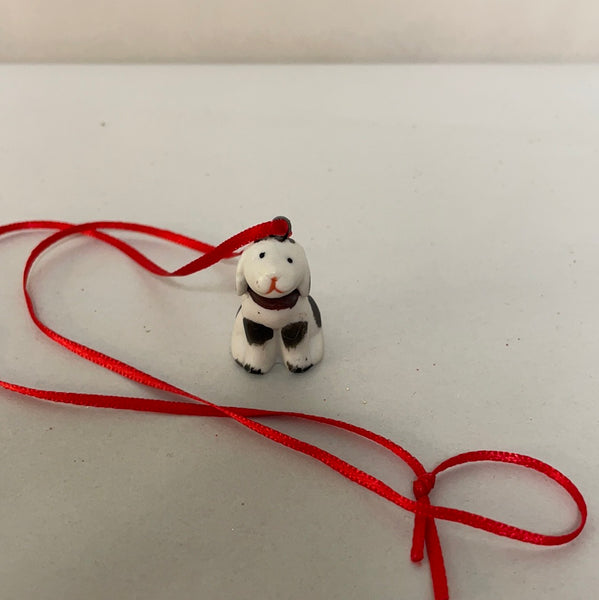 a** Vintage Miniature Dalmatian Pup on Long Red  Satin Ribbon Christmas Holiday Ornament