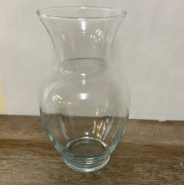 ~ Flower VASE On Round Base Medium Clear Glass 9” Decor
