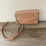 a** Womens JESSICA SIMPSON Tan Leather Cross Body Purse Clutch Bag Adj Strap