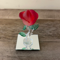 ~ Vintage Blown Glass Red ROSE on Stem on Glass Plate ORNAMENTS Mini 3” Tall