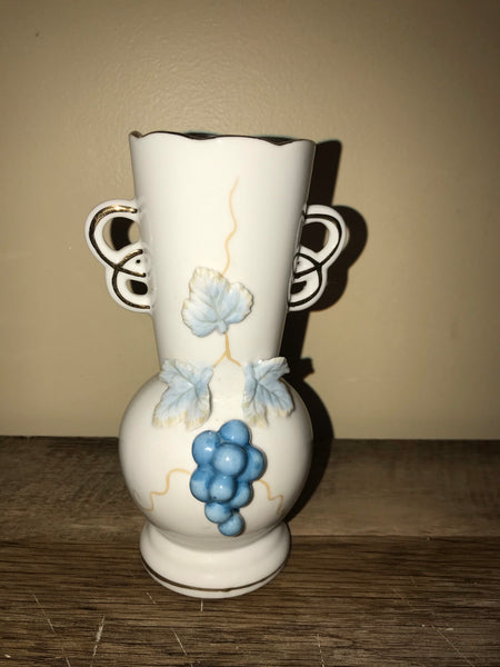 *Vintage Blue Grapes and Vines Bud Vase Vessel with Handles Gold Accents