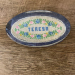 ~€ Vintage Clear Glass Oval Personalized “TERESA”Paperweight Flowers Cross Stitch