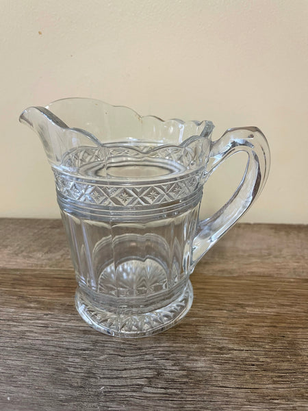 a** Vintage Small Clear Cross Glass Cut Diamonds Ruffle Edge Handled 5” Pitcher Creamer