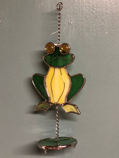 a* New Stain Glass WIND CHIME Suncatcher Mobile Green Frog