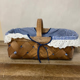 ~¥ Rectangle Rattan Woven Gathering LINER Basket w/ Handle Blue Gingham Easter