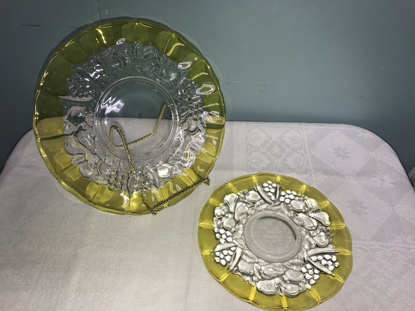 a** Vintage Hostess Luncheon Serving Set Thick Glass Yellow Rim Raised Fruit Retired