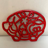 a** Red Metal Trivet Pig Shape Footed Hot Plate Enamel Coated