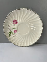 €€ Vintage Pair Set/2 White 6.35” Bread Dessert Plate & Saucer White w/ Pink Roses Silver Rim