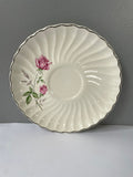 Vintage Pair Set/2 White 6.35” Bread Dessert Plate & Saucer White w/ Pink Roses Silver Rim